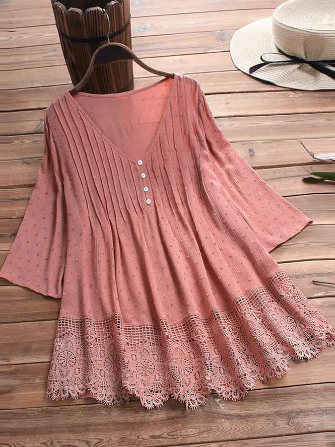 Women's V-Neck Lace Cutout Jacquard Shirt