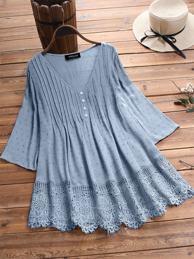 Women's V-Neck Lace Cutout Jacquard Shirt