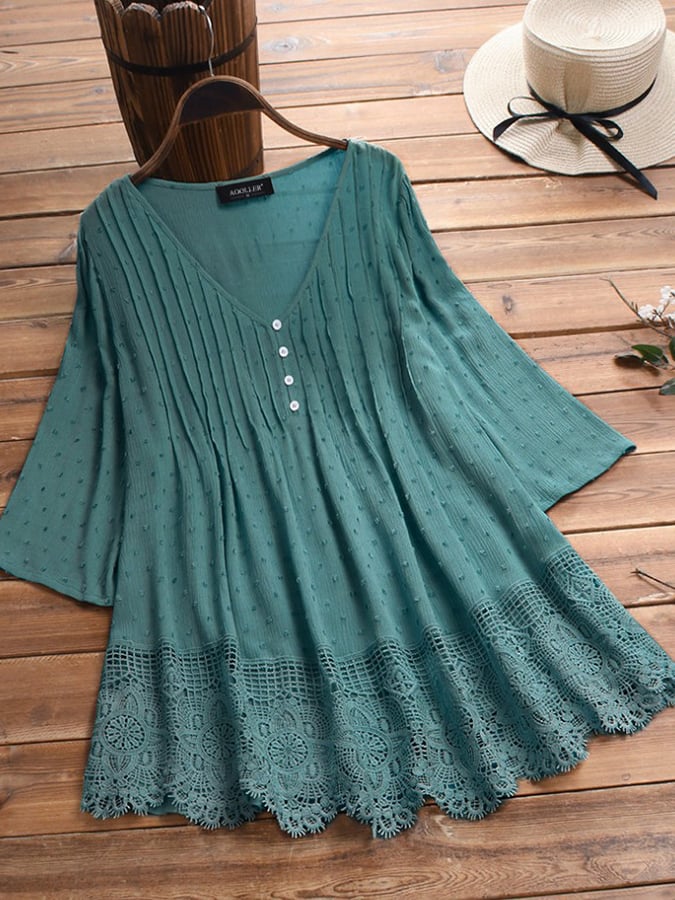 Women's V-Neck Lace Cutout Jacquard Shirt