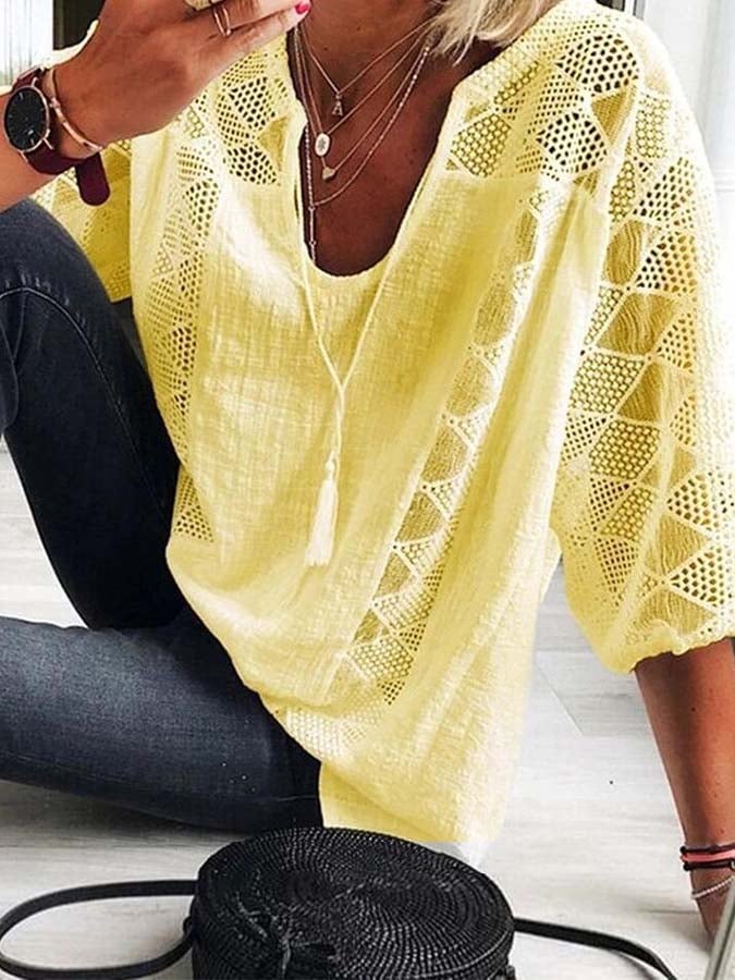 Women's Lace Panel Lace Up U-Neck Top