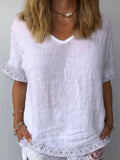 Women's Pure Color Casual Lace Stitching Cotton Shirt